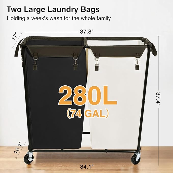 STO STO 280L Rolling Industrial Laundry Hamper with Wheels, 2-Compartment Extra Large Laundry Sorter, Heavy Duty Dirty Clothes Basket Cart with Metal Frame for Home or Commercial Use, Beige/Black
