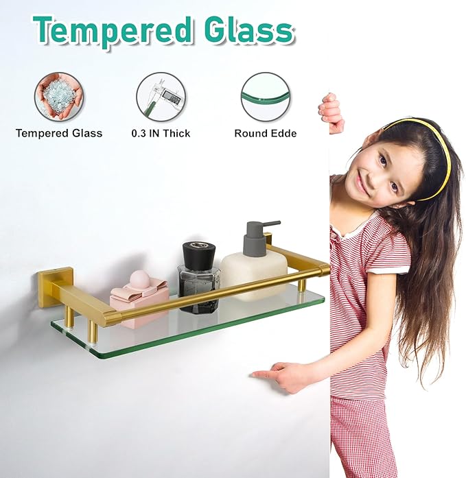 SFGSOWOR 16 Inch Brusheld Gold Bathroom Glass Shelves with Stainless Steel Railing, Tempered Floating Glass Modern Decoration Bathroom Shelf Sink Over Toilet