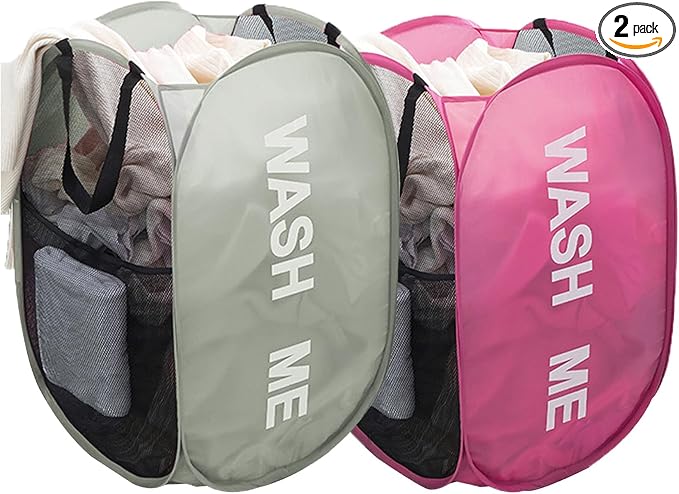 Larpur Pop Up Laundry Baskets, 2 Pack Mesh Laundry Hampers with Handles, Collapsible Clothes Hampers Mesh Basket for Home, Dorm, Travel (Gray + Pink)