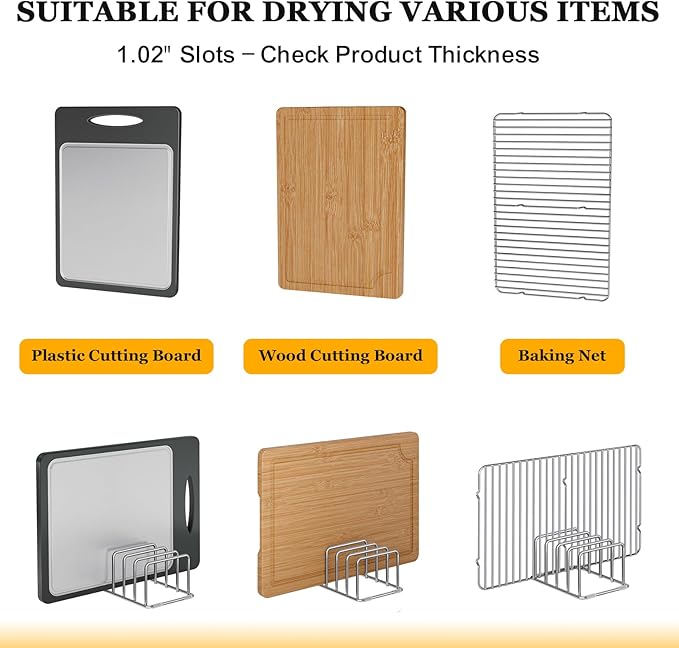 Cutting Board Organizer Stand Holder - 304 Stainless Steel Chopping Board Rack, Pot Pan Lid Holder, Kitchen Shelf for Bakeware, Cookie Sheets, 4-Slot 1.02-Inch Width Design