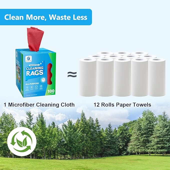 GLIMGLINT Red Microfiber Cleaning Cloth, 100 Pack Cleaning Rags, Lint-Free, Ultra Absorbent Reusable Paper Towels for Home, Kitchen, Car, Garage or Shop, Dish Rags, 11" x 9"