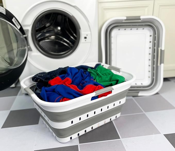 SAMMART 42L (11 gallons) Set of 2 Plastic Foldable Storage Basket/Container - Collapsible, Space Saving and Portable Laundry Hamper, Ideal for Home, Travel, Dorm, and Camping (2, White/Grey)