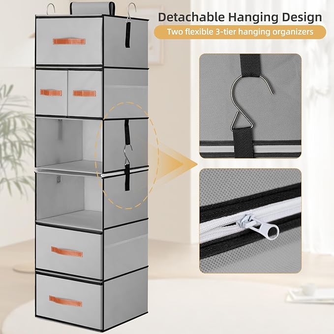 Hanging Closet Organizer 6-Shelf, Upgrade Hanging Shelves for Closet with 5 Removable Drawers & Side Pockets, Hanging Shelf Organizer for Bedroom or Garment Rack, 12.6'' x 12.6'' x 44.1'', Gray