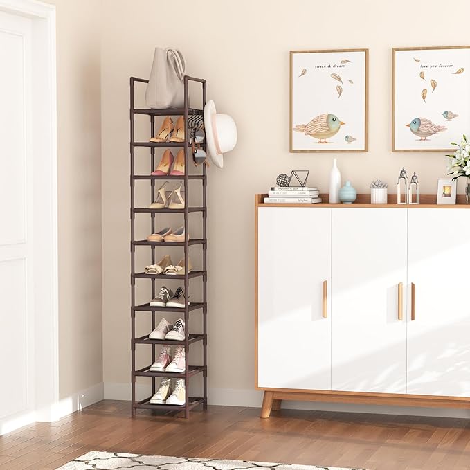 Tall Shoe Rack 10-Tier Narrow Shoe Shelf Storage for 10-15 Pairs Shoe and Boot, Sturdy Shoe Storage Space Saving Corner Shoe Rack Organizer for Closet, Entryway, Living Room, Brown