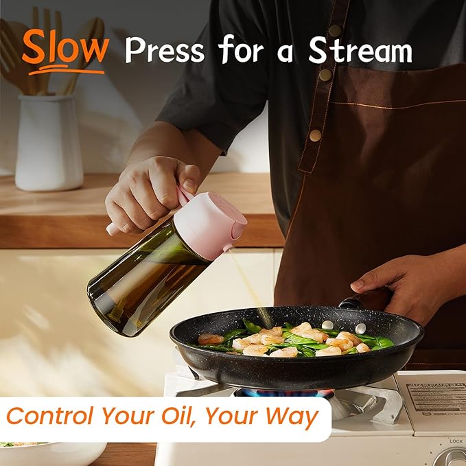 TrendPlain - Original 16oz/470ml Olive Oil Dispenser Bottle for Kitchen Gadgets and Air Fryer Accessories - Olive Oil Sprayer for Cooking w/Stickers - Peach
