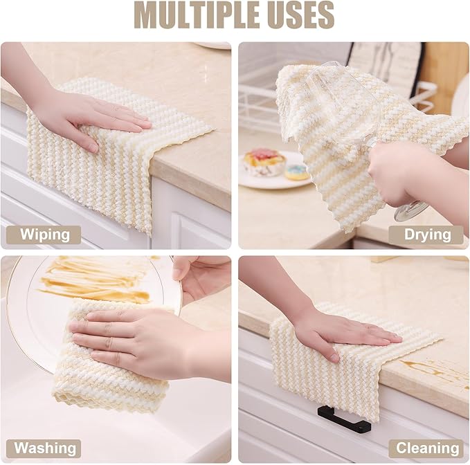 Homaxy 12 Pack Kitchen Dish Cloths, Ultra Soft and Absorbent Dish Towels, Reusable Fast Drying Microfiber Cleaning Cloth, Coral Velvet Wave Design No-lint, 10 x 10 inches, Beige