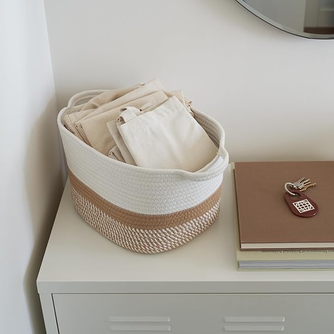 Stylish Cotton Rope Storage Basket For Dog Toys, Magazines or Books - The Perfect Woven Bin with Handles For Everyday Organization Reduces Clutter in Your Rooms - A Decorative Gift & Storage Box