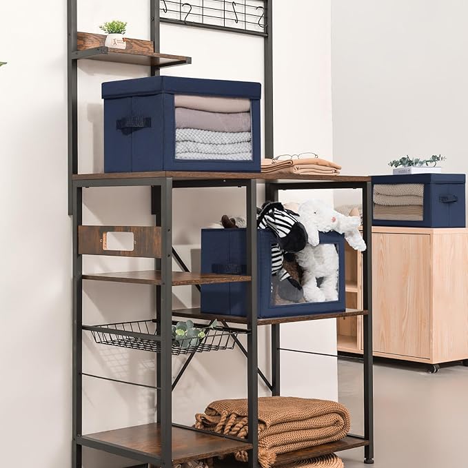 Foldable Storage Boxes with Lids - Decorative Storage Boxes with Clear Window, Fabric Storage Baskets for Organizing, Closet Storage for Clothes, Yarn, Home, Navy Blue, 4-Pack