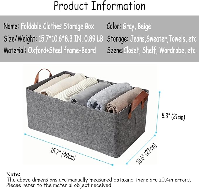 AARAINBOW 4 Pcs Closet Clothes Organizer with Handle, Closet Shelf Fabric Storage Box Steel Frame, Stackable Shelf Storage Baskets Foldable Wardrobe Storage Box for Clothes Pants, 23L (2 Gray 2 Beige)