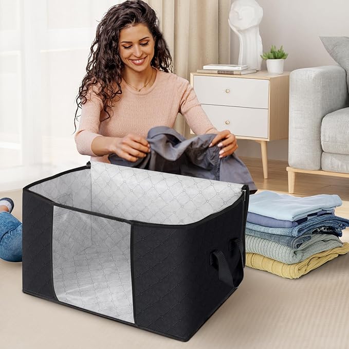 Fab totes Storage Bags,Clothes Blanket Storage Bins Foldable Closet Organizers with Reinforced Handle for Home Dorm Storage and Organization,Fabric Bags for Organizing Sheets,Clothing (Black,3 Pack)
