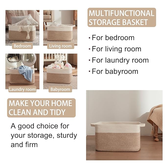 OIAHOMY Large Storage Basket, Cotton Rope Woven Blanket Basket, Toy Bin for Baby Room, Container for Blanket Storage in Living Room, 20''×16''×12'', Brown & White