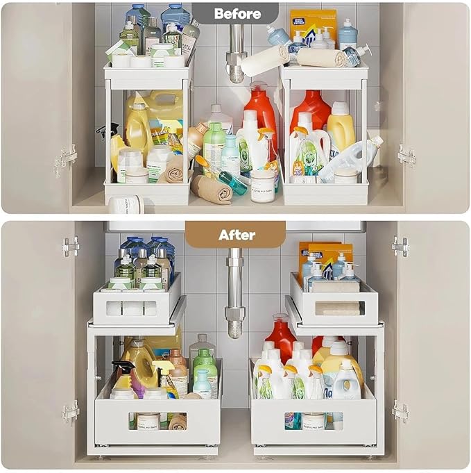 Corbyles 2 Pack 18.5IN-Depth Under Sink Organizer With Next-Gen Ball-Bearing Slides,2-Tier Pull Out Cabinet Storage,Height Adjustable Drawer Shelf for Bathroom,Kitchen,Laundry,Cabinet,Pantry-White