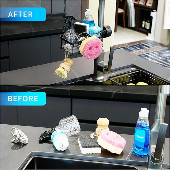 Sponge Holder for Kitchen Sink Smiley Face Sponge Holder Over Faucet - Stainless Steel Sink Caddy Organizer with Quick Stone Drying Mat (Black)
