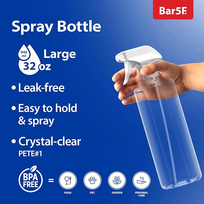 Bar5F Bulk 6-Pack Plastic Spray Bottles with Mixor Trigger, 32 oz | Professional, Leak Proof, Empty, Adjustable Fine to Powerful Sprayer, Refillable | Water Plants, Cleaning Solutions | Crystal Clear