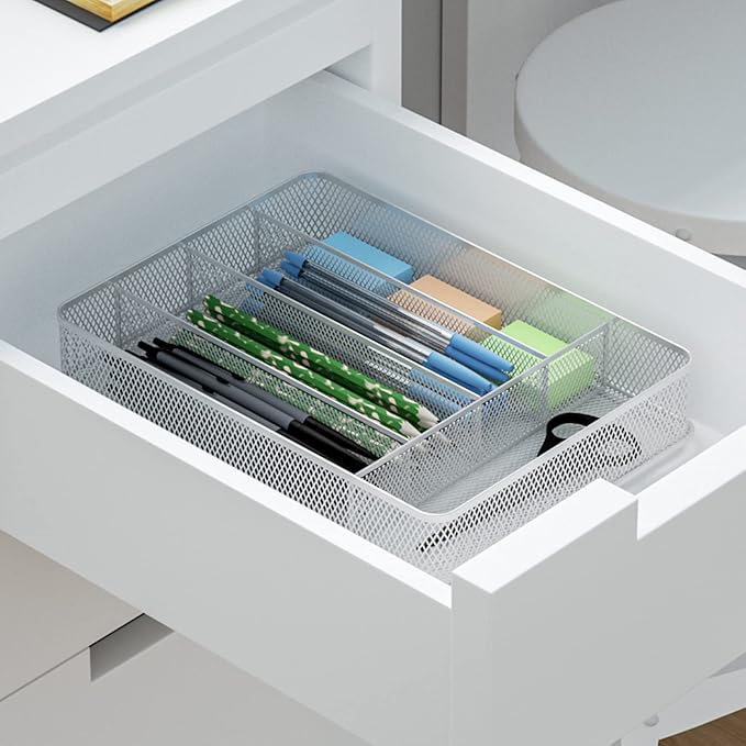 TQVAI Silverware Organizer - 5 Slots Non-Slip Mesh Kitchen Drawer Organizer - Metal Compact Utensil Cutlery Holder in Drawer Tray, Silver