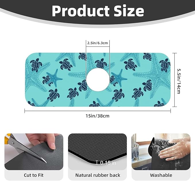 Summer Sea Turtle Ocean 15" X 5.5" Kitchen Sink Splash Guard Faucet Faucet Guard Draining Mat Sink Splash Guard Faucet Kitchen Bathroom