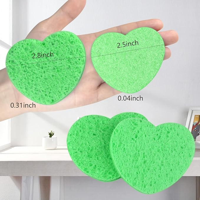100-Count Compressed Facial Sponges for Estheticians Heart Shape Natural Cellulose Sponge Professional Cosmetic Spa Sponges for Face Cleansing, Massage, Pore Exfoliating, Mask, Makeup Removal, Green