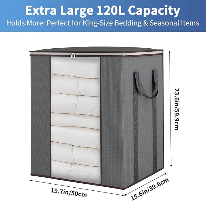 Fixwal Extra Large Blanket Storage Bags 120L Comforter Storage Bags with Reinforced Handles Breathable Clothes Storage Containers for King Comforter Bedding Pillow Sheet Grey