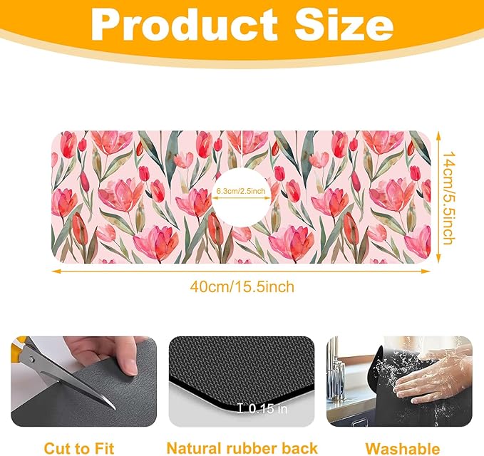2 Pack Watercolor Tulips Sink Faucet Absorbing Mat Pink Tulips Super Absorbent Fast Drying Mat Sink Gadgets Behind Faucet Sinkmat for Kitchen Bathroom, 15.5"x5.5"