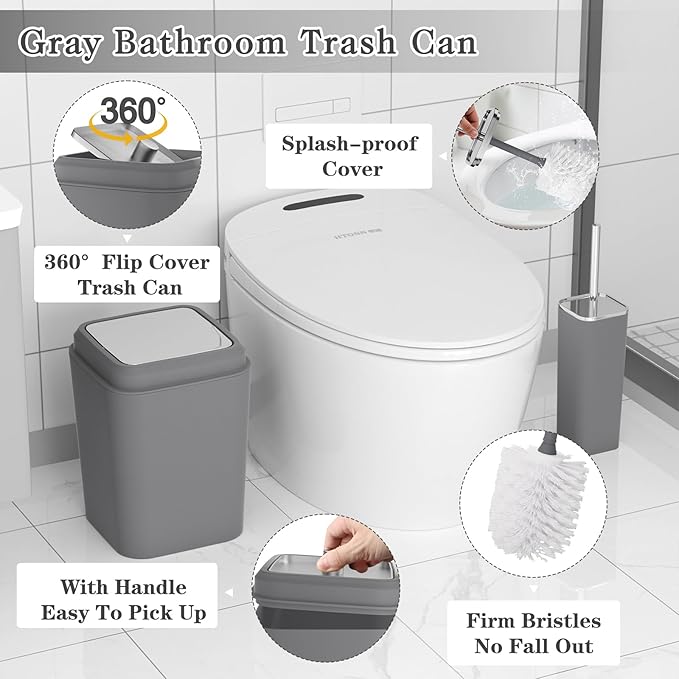 Grey Bathroom Accessories Sets Complete, 9-Piece Bathroom Accessories with Trash Can, Vanity Tray, Soap Dispenser, Soap Dish, Toothbrush Holder, Toothbrush Cup, Toilet Brush and Qtip Holders