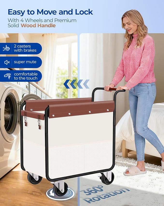 Kayfia 180L Laundry Basket with Wheels, Rolling Laundry Hamper with Wood Handle and Removable Bag, 7 Side Pockets, Heavy-Duty Steel Frame Large Dirty Clothes Hampers for Home Organization
