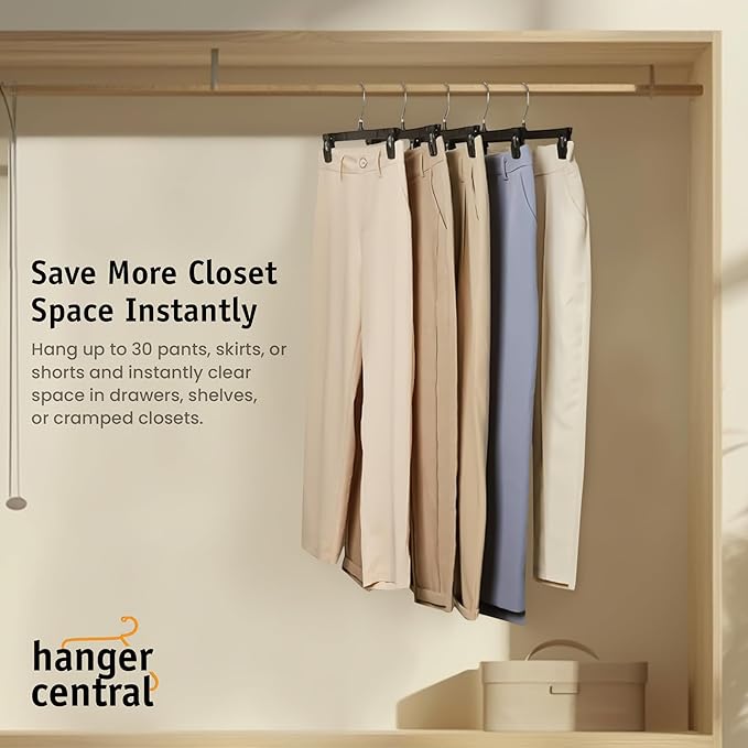 Hanger Central 30 Pack Pants Hangers – 12 Inch Slim Plastic Clothes Hangers with Clips for Skirts, Shorts & Trousers – Non Slip Grip, Heavy Duty Space Saver with Swivel Hook – Black Closet Organizer