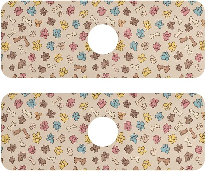 Yellow Paw Prints Bones Kitchen Sink Splash Guard Sink Faucet Mat Faucet Handle Drip Catcher Drain Mats for Kitchen Bathroom Countertop Absorbent Dish Drying Pad 2Pack 30x5.4IN