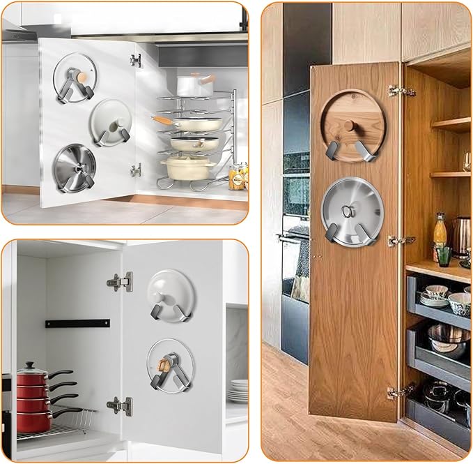 4 PCS Adjustable Pot Lid Holder, No Drill Adhesive Mount, Pot Lid Organizer for Cabinet Door/Wall Mounted, Fits 6-14" Lids