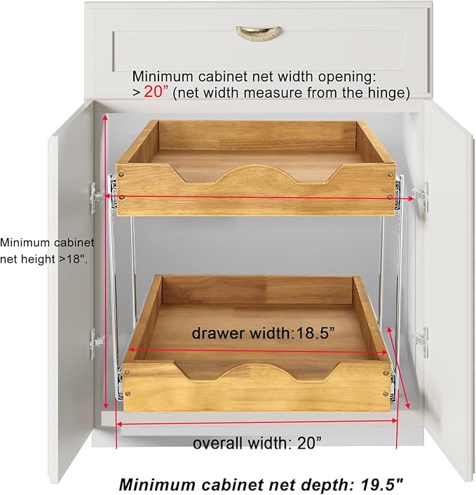 DINDON 2 Tier Pull Out Cabinet Organizer (20" W x 18" D) Double Tier Slide Out Wood Drawer Under Cabinet Storage And Organization…