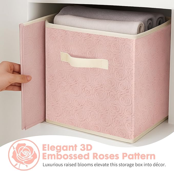 ShellKingdom Storage Bins, Foldable Fabric Storage Cubes with 3D Embossed Rose Pattern, Cloth Organizer Drawer For Closet And Toys, 10.5 X 10.5 X 11 inch, 2 Pack (Light Pink)