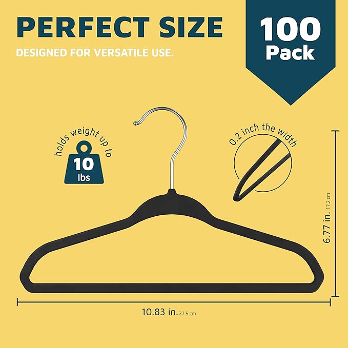 Black Velvet Kids Hangers 100 Pack, 10.83" Non-Slip Baby & Toddler Hangers for Clothes, Space-Saving Slim ABS Plastic with 360° Swivel Hook & Notched Shoulders, Up to 10 lb Capacity