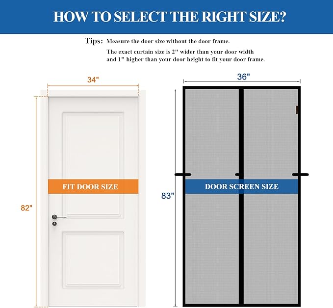 Magnetic Screen Door, Fits 34'' x 82'' Door(Mesh Size 36'' x 83''), Scratch-Proof Polyester, Keep Annoying Creatures Out, Pet Friendly, with Unique Keep Open Straps if Don't Need Close, Black