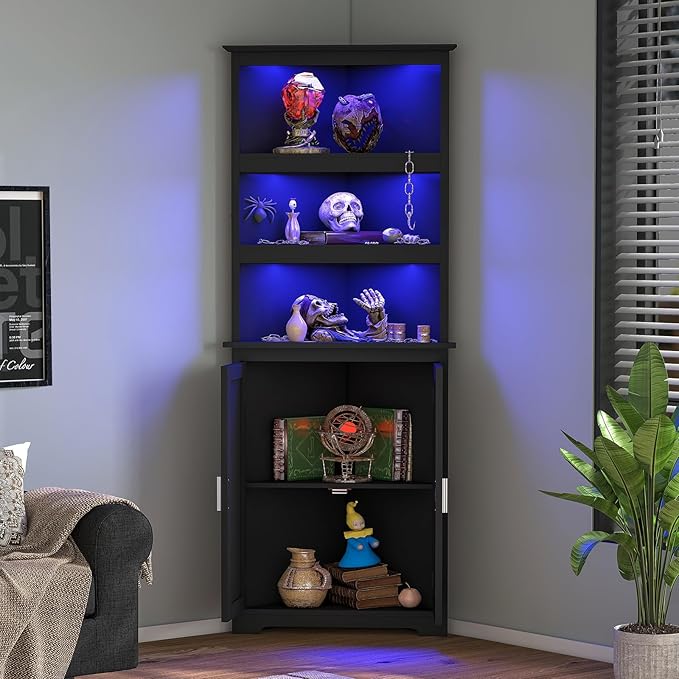 TEENFON Tall Corner Cabinet with LED Lights, Gothic Style Corner Storage Cabinets with Doors, 5-Tier Bathroom Cabinet, Living Room, Dining Room, Black
