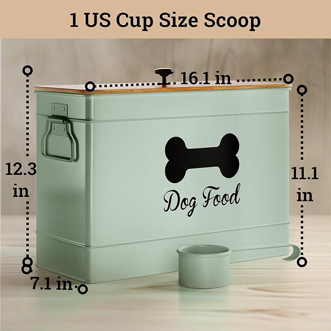 Dog Food Container Airtight 15 lb (50 Cup) Capacity with Metal Scoop - Cute Airtight Dog Food Storage Container with Bamboo Lid - Green Metal Kibble Storage Bin for Dogs up to 100 lbs - Big Pet Jar