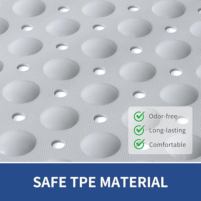OTHWAY Large Shower Mat 34"x 23", TPE Non Slip Shower Mat for Walk in Shower Stall, Inside Shower Mats with Drain Holes Suction Cups, Anti-Slip for Elderly Kids (Light Grey)
