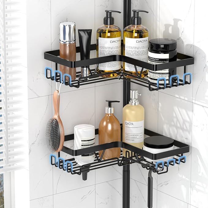 Shower Caddy Tension Pole with Anti-Fog Shaving Mirror, Tension Rod Shower Caddy Corner for Bathroom Organizer, Black