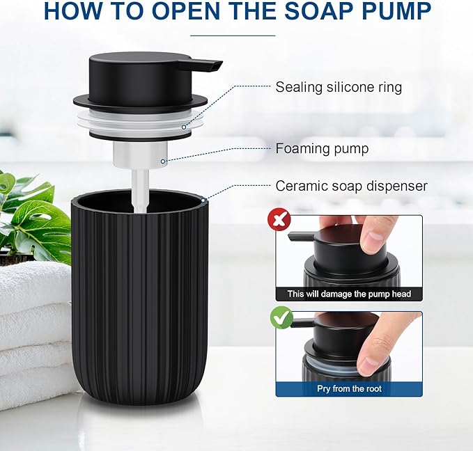 Ceramic Foaming Soap Dispenser, 12 oz Bathroom Foam Hand Soap Dispenser, Refillable Lotion Soap Dispenser with Removable Pump for Kitchen Hand Wash Dispenser, Modern Home Decor (Black)