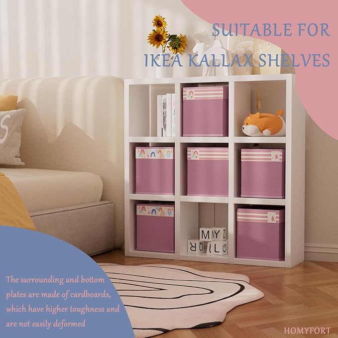 homyfort Cube Storage Organizer Bins, 12x12 Inch Fabric Bins for Cube Storage, Foldable Cloth Baskets Box with Handles for Organizing Clothes, Toys in Pantry, Closet Shelf, Nursery, Kids Room (Pink)