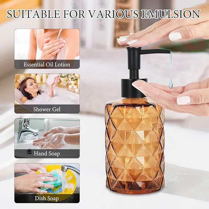 Brown Glass Soap Dispenser, 11 Oz/330ml Liquid Hand Soap Dispenser Set for Kitchen Sink and Bathroom, Dish Lotion Dispenser Set, Diamond Lotion Bottles with Black Pump&Funnel