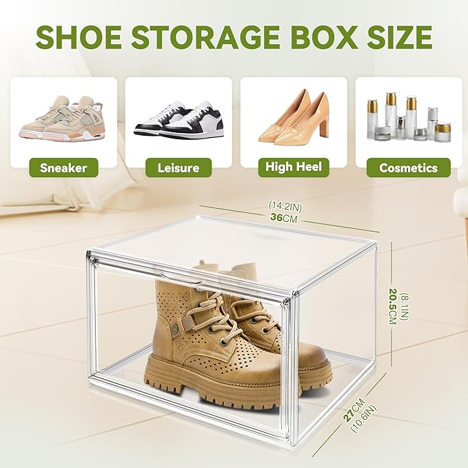 EDS FAM 12 Pack Clear Sneaker Boxes Stackable Shoe Box Size 12.5, Acrylic Shoe Storage Organizer Transparent Storage Bins with Magnetic Acrylic Door for Closet, Sneaker Display, Cosmetic, Figure