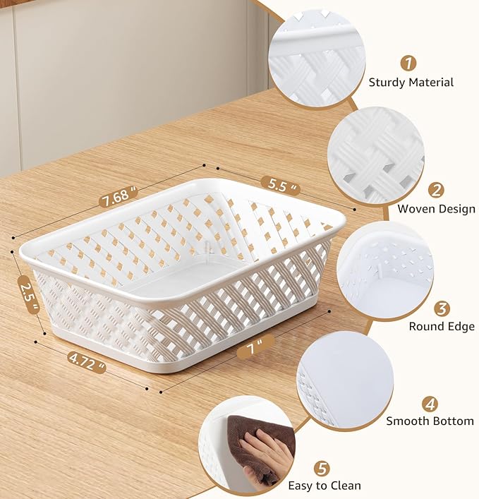MaxGear Organization and Storage 3 Packs, Plastic Bins Organizer Bins, Woven Baskets for Storage, Plastic Baskets with Handles, White Basket for Organizing, Basket Organizer for Home and Office, Small