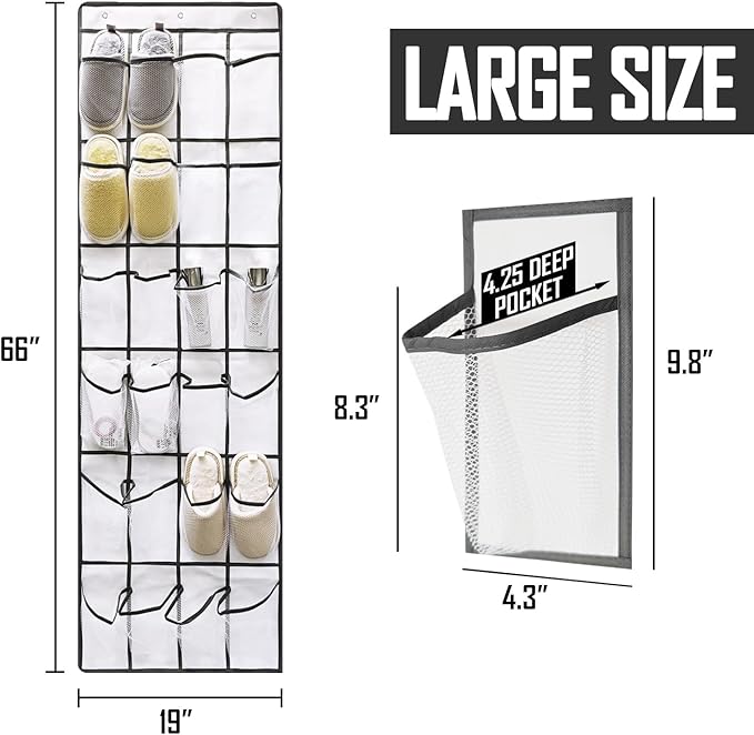 TidyMaster Over the Door Shoe Organizer, 24 Large Breathable Mesh Pockets, Space Saving Hanging Storage Holder, Hangs on Closets for Shoes, Accessories, 3Hooks, GREY (66"x 19")