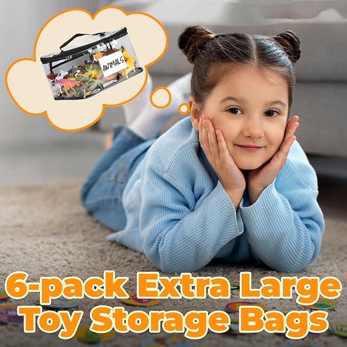 6-Pack Extra Large Toy Storage Bags with Zippers & Labels, Reusable Clear TPU Waterproof Organizer for Kids Toys, Building Blocks, Puzzles, Dolls, Board Games - Durable, BPA-Free, Travel-Friendly