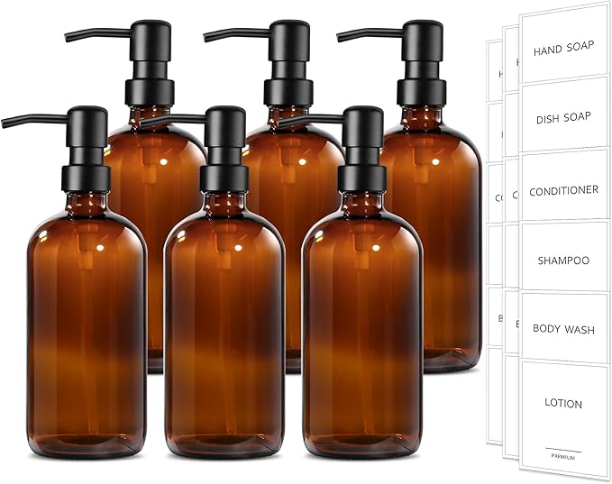 GMISUN Amber Glass Soap Dispenser, 6 Pack Bathroom Hand Soap Dispensers with Stainless Steel Pump, 17 Fl Oz Kitchen Hand and Dish Soap Dispenser Set, Modern Vintage Liquid Brown Soap Dispensers Bottle
