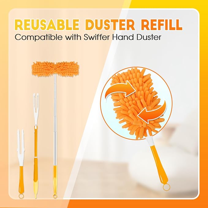 16Pcs Reusable Duster Refill Compatible with Swiffer Hand Duster +3FT Extended Handle +1 Handle, 360 Heavy Duty Duster Refills for Cleaning, Office, Ceiling Fan