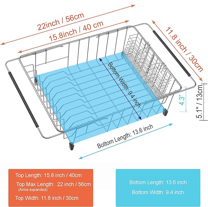 iPEGTOP Expandable Dish Drying Rack Over Sink, Rustproof Stainless Steel Dish Drying Rack Basket Shelf, Multifunctional Dish Drainer Organizer with Utensil Cutlery Holder