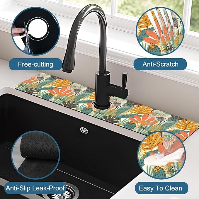 Abstract Leaves Sink Splash Guard Faucet Mat Boho Leaves Super Absorbent Fast Drying Mat Sink Gadgets-Splash Guard Behind Faucet Drip Catcher for Kitchen Bathroom, 23.5"x5.5"