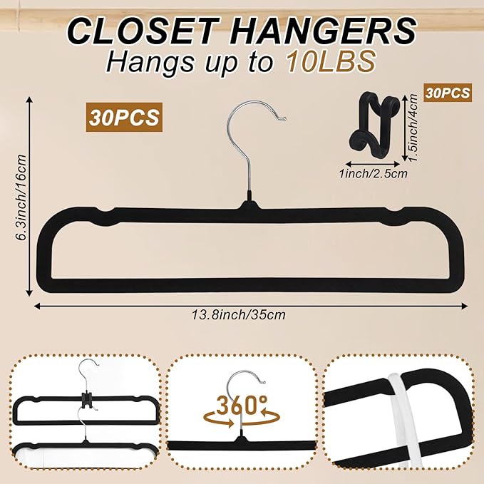 Velvet Pants Hangers Non Slip, 30 Pack Velvet Hangers for Closet with 30 Hooks, Strong Durable Space Saving Slim Clothes Hanger, Ultra Thin Flocked Hanger for Pants, Shirts, Bra, Shorts (Black)