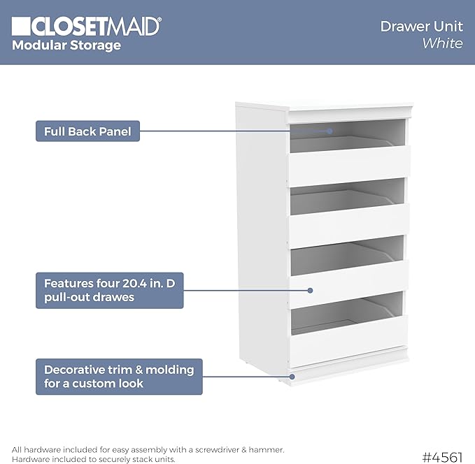 ClosetMaid Modular Storage 21.38-inch W 3-Shelf 4-Drawer Tower Wood Closet System, White