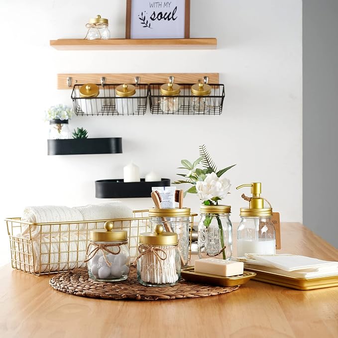 SheeChung Mason Jar Toothbrush Holders, Glass Toothbrush Holders for Bathroom, Bathroom Essentials, Mason Jar Bathroom Accessories Set, Bathroom Countertop Organizer-Gold